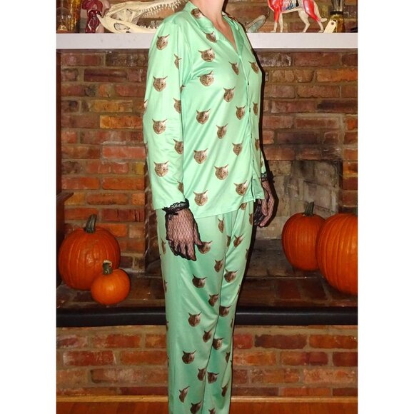 Mint Green Annoyed Cat Pajama Set L pants button up top sleepwear kitty - Picture 3 of 9